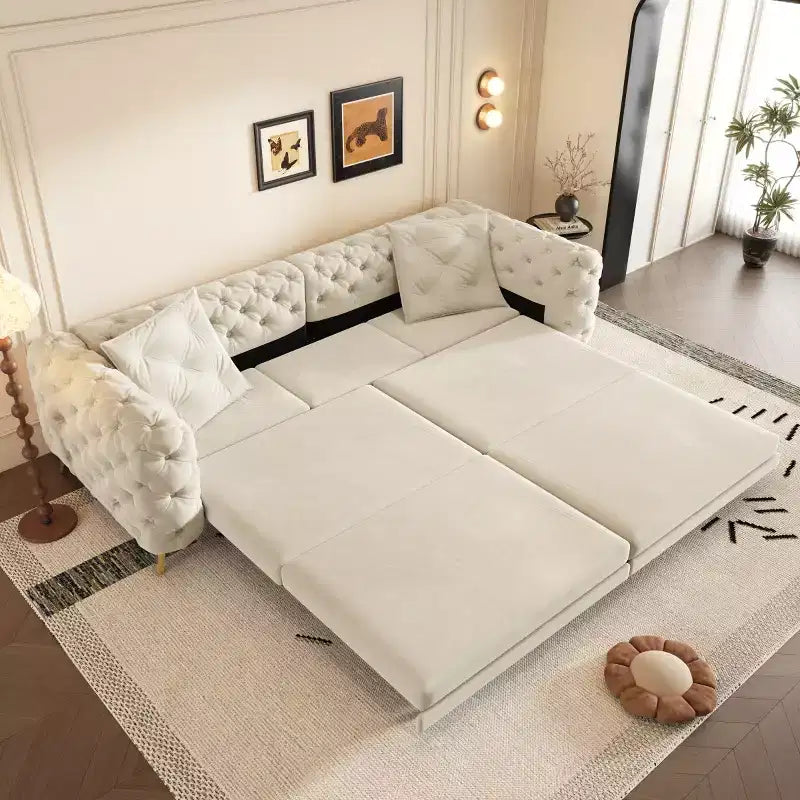 Moderno divano letto matrimoniale convertibile con pouf mobile, divano letto estraibile in velluto con seduta profonda per soggiorno o camera degli ospiti