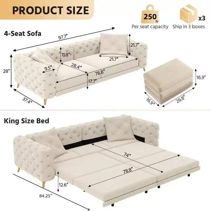 Moderno divano letto matrimoniale convertibile con pouf mobile, divano letto estraibile in velluto con seduta profonda per soggiorno o camera degli ospiti