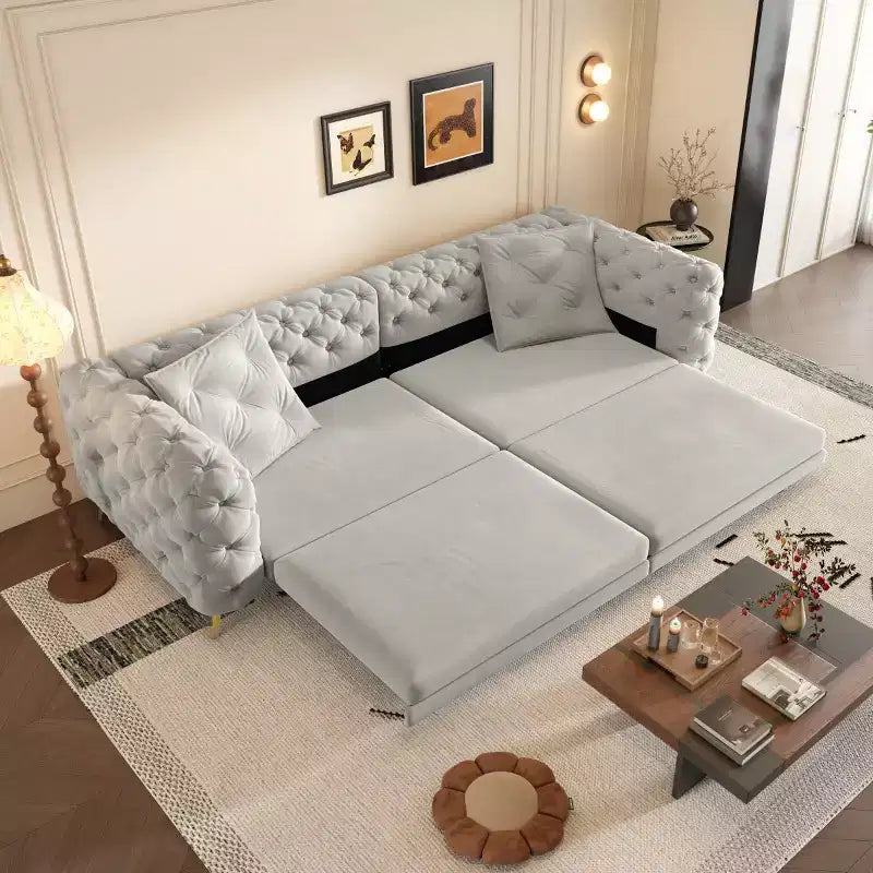 Moderno divano letto matrimoniale convertibile con pouf mobile, divano letto estraibile in velluto con seduta profonda per soggiorno o camera degli ospiti