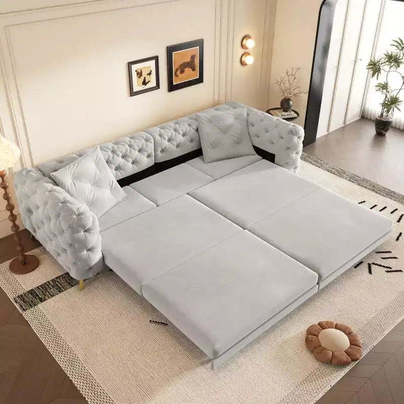 Moderno divano letto matrimoniale convertibile con pouf mobile, divano letto estraibile in velluto con seduta profonda per soggiorno o camera degli ospiti