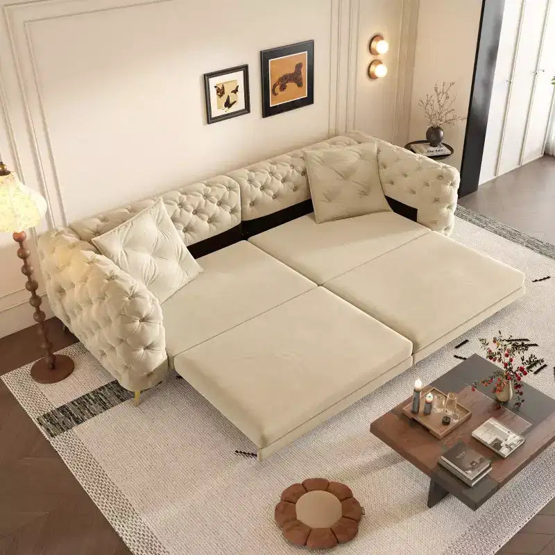 Moderno divano letto matrimoniale convertibile con pouf mobile, divano letto estraibile in velluto con seduta profonda per soggiorno o camera degli ospiti