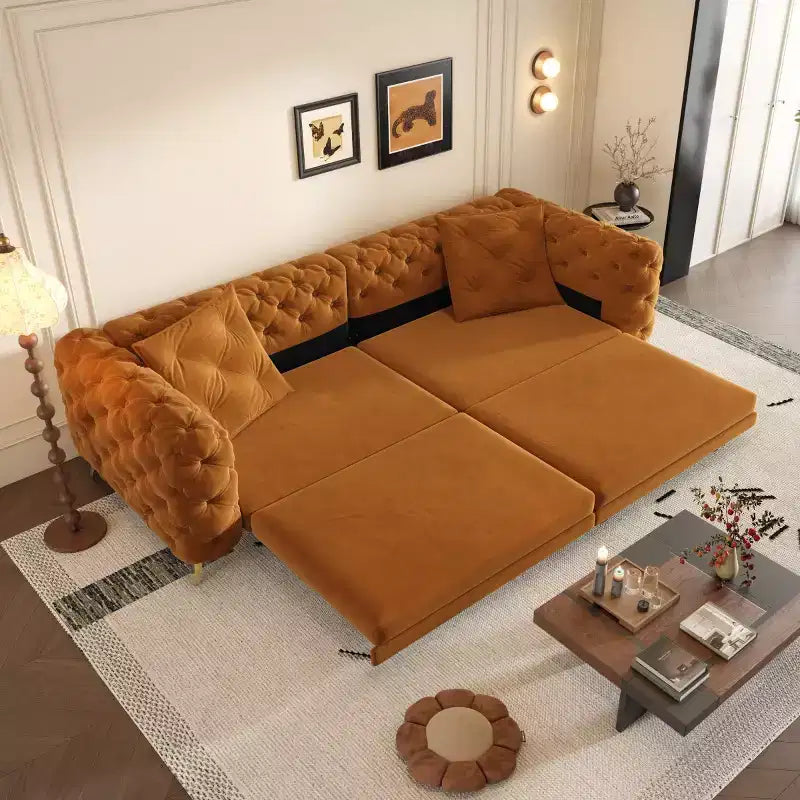 Moderno divano letto matrimoniale convertibile con pouf mobile, divano letto estraibile in velluto con seduta profonda per soggiorno o camera degli ospiti