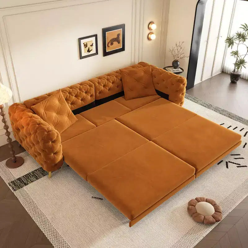 Moderno divano letto matrimoniale convertibile con pouf mobile, divano letto estraibile in velluto con seduta profonda per soggiorno o camera degli ospiti