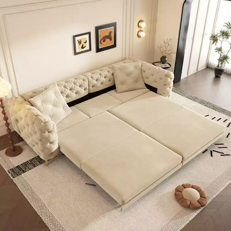 Moderno divano letto matrimoniale convertibile con pouf mobile, divano letto estraibile in velluto con seduta profonda per soggiorno o camera degli ospiti