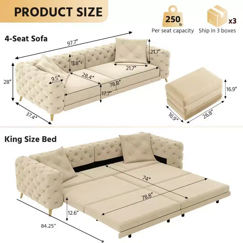 Moderno divano letto matrimoniale convertibile con pouf mobile, divano letto estraibile in velluto con seduta profonda per soggiorno o camera degli ospiti