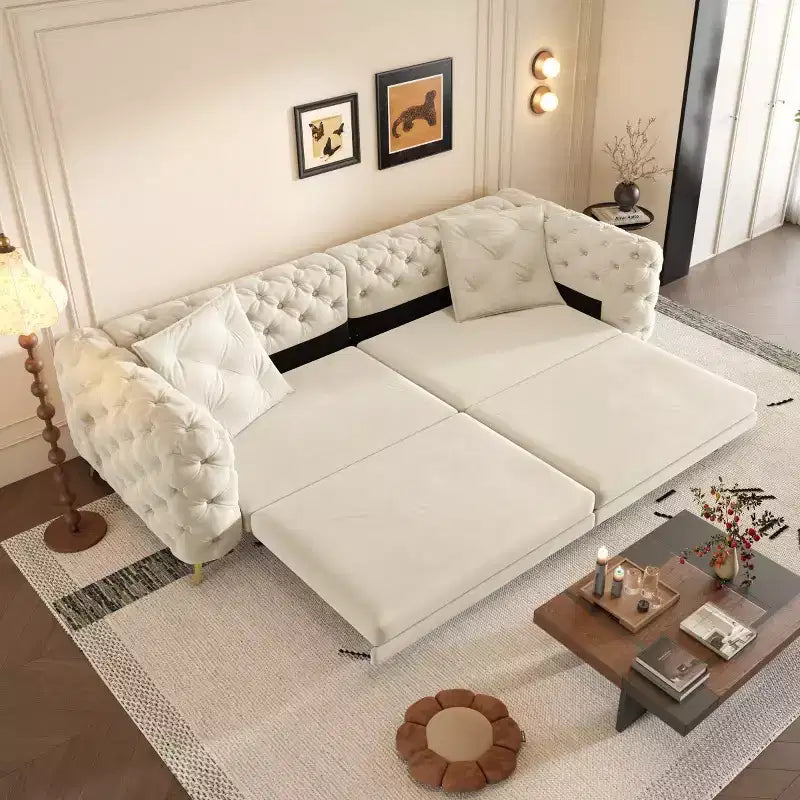 Moderno divano letto matrimoniale convertibile con pouf mobile, divano letto estraibile in velluto con seduta profonda per soggiorno o camera degli ospiti