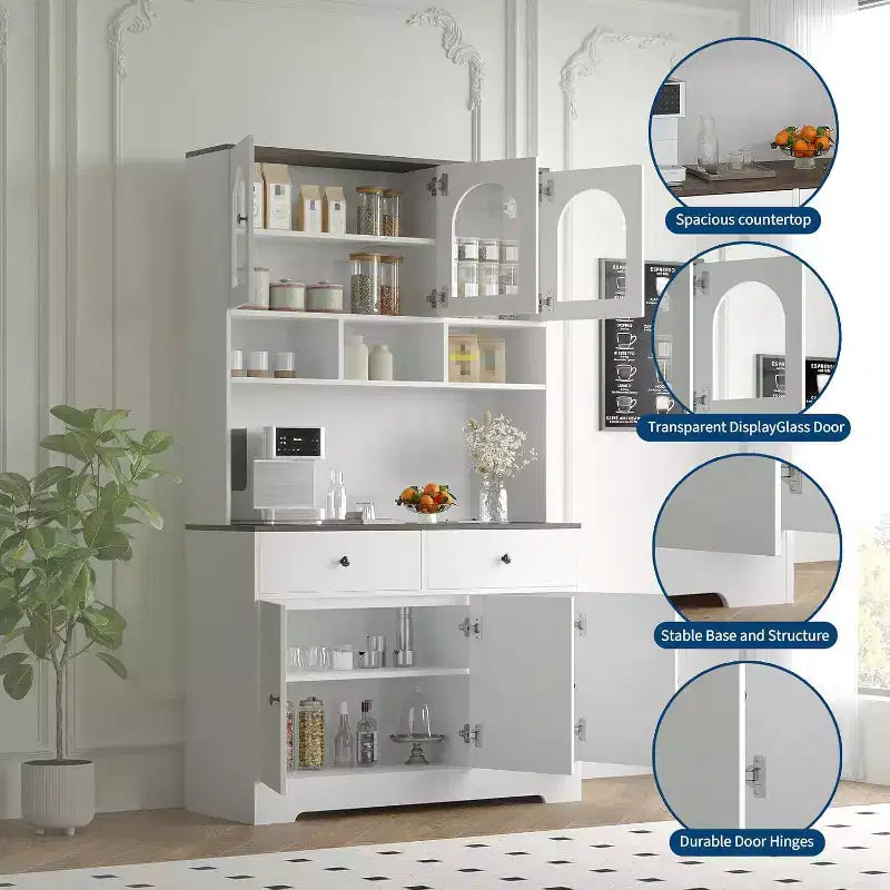 Dispensa a Colonna da Cucina Stile Fattoria, Mobile Dispensa Autoportante Alto 180 cm con Ripiani Aperti e Piano d'Appoggio per Cucina o Sala da Pranzo