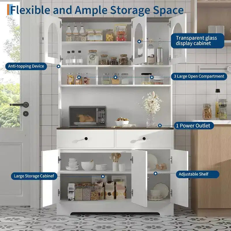 Dispensa a Colonna da Cucina Stile Fattoria, Mobile Dispensa Autoportante Alto 180 cm con Ripiani Aperti e Piano d'Appoggio per Cucina o Sala da Pranzo