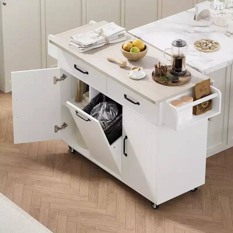 sumyeg Kitchen Island Cart with Trash Can Storage, Drop Leaf, Spice Rack, Towel Rack and Drawer, Rolling Cart with Adjustable Shelf for Kitchen
