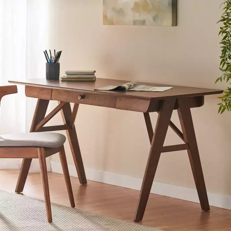 TUYOHW 57 Rubberwood Home Office Desk,Computer Desk with 1 Drawer,A-Frame Legs,Writing Desk for Gaming,Study,Office,Small Spaces,Walnut