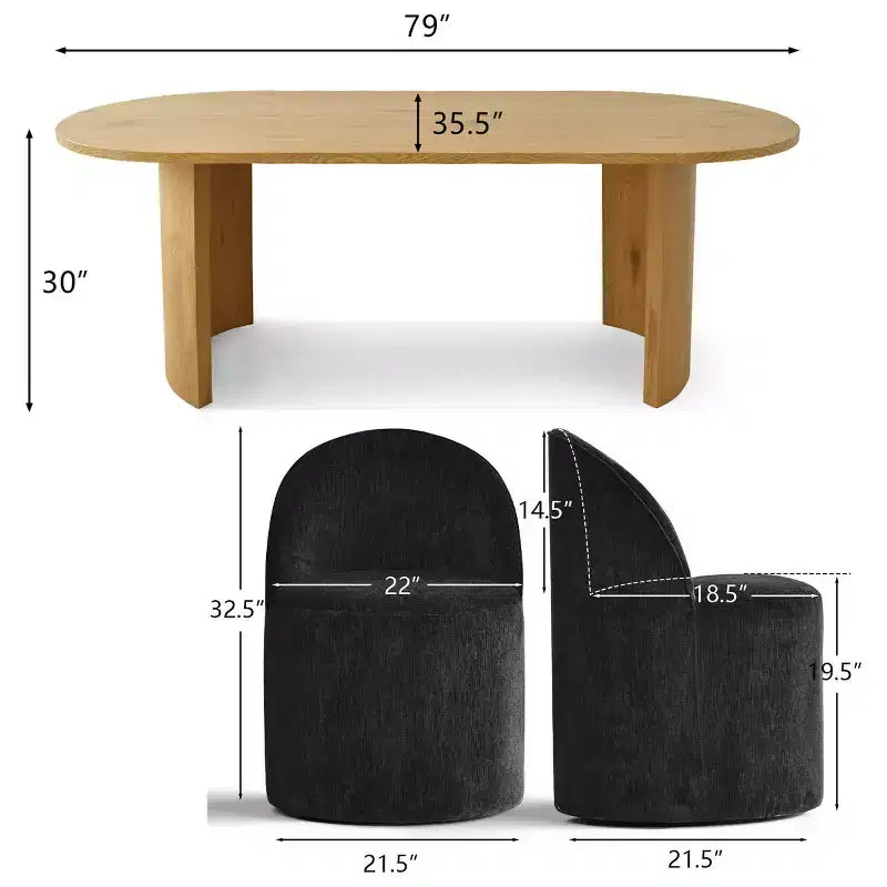 Set tavolo da pranzo per 6, tavolo ovale da 79" e sedie a botte senza braccioli in tessuto ciniglia con ruote, perfette per le cucine