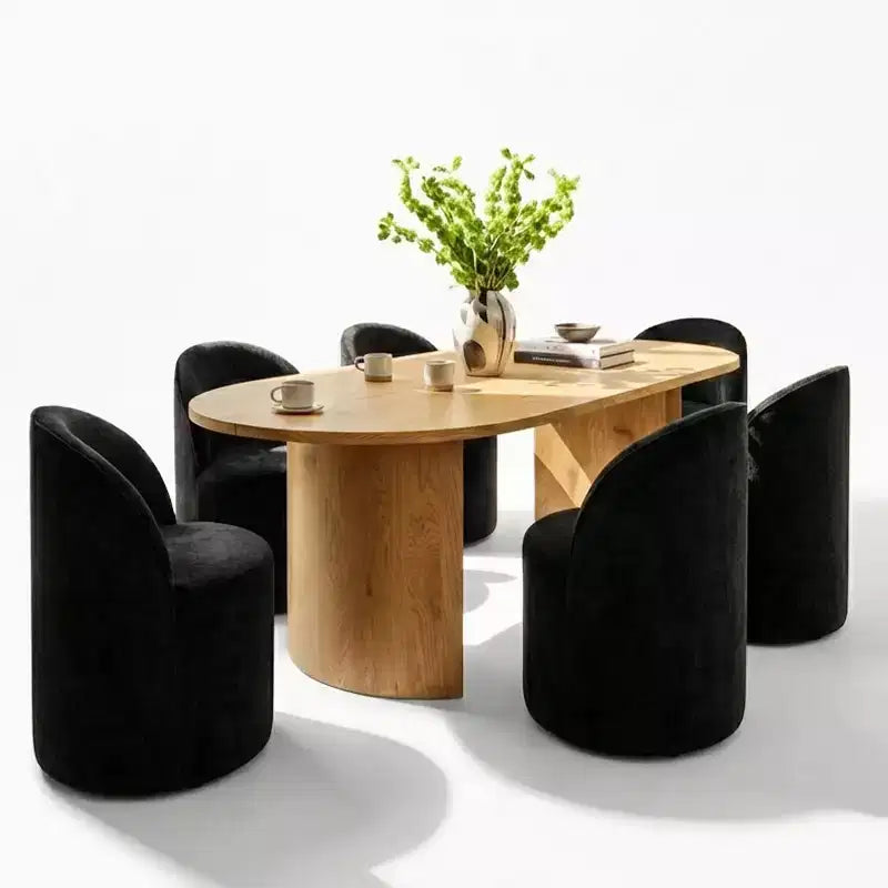 Set tavolo da pranzo per 6, tavolo ovale da 79" e sedie a botte senza braccioli in tessuto ciniglia con ruote, perfette per le cucine
