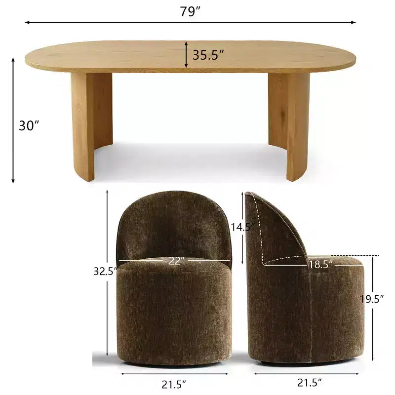 Set tavolo da pranzo per 6, tavolo ovale da 79" e sedie a botte senza braccioli in tessuto ciniglia con ruote, perfette per le cucine