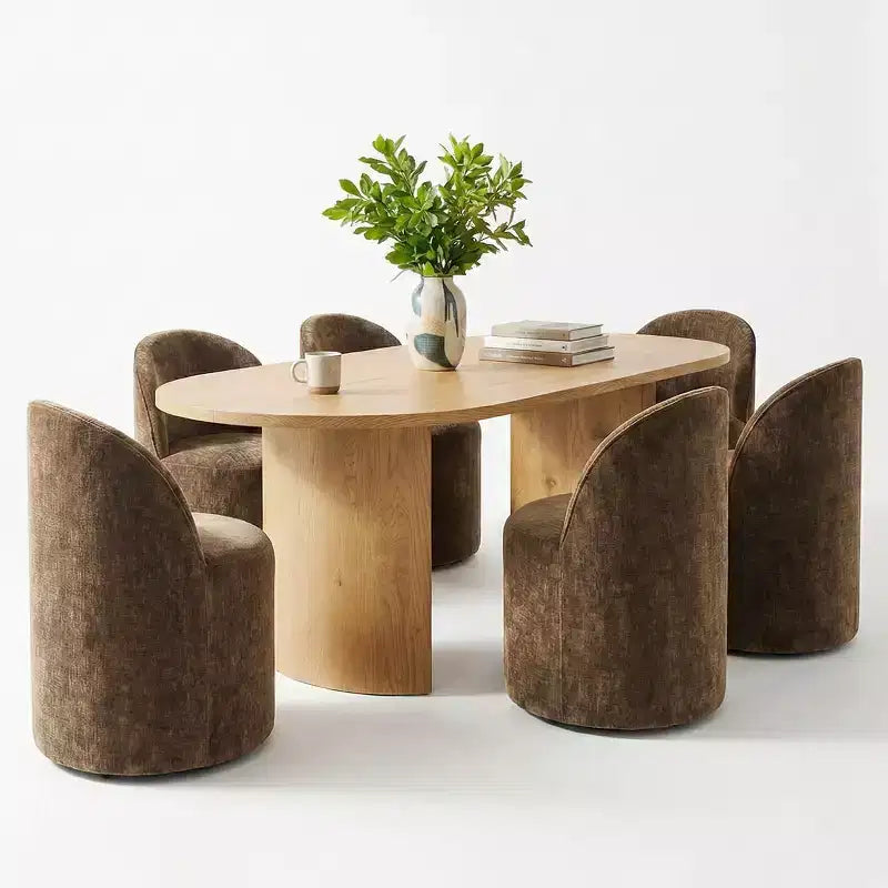 Set tavolo da pranzo per 6, tavolo ovale da 79" e sedie a botte senza braccioli in tessuto ciniglia con ruote, perfette per le cucine