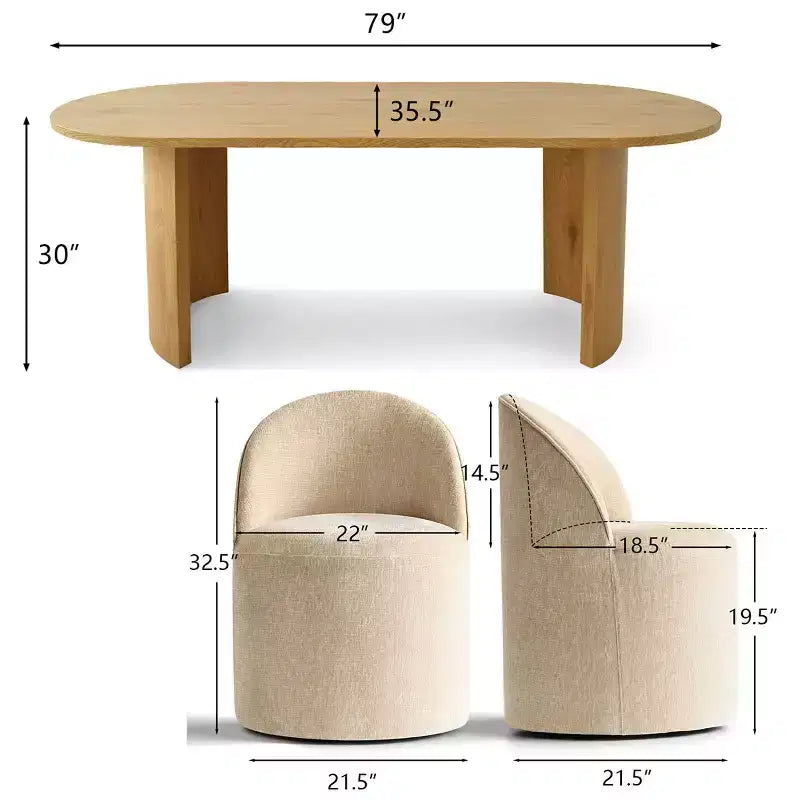 Set tavolo da pranzo per 6, tavolo ovale da 79" e sedie a botte senza braccioli in tessuto ciniglia con ruote, perfette per le cucine