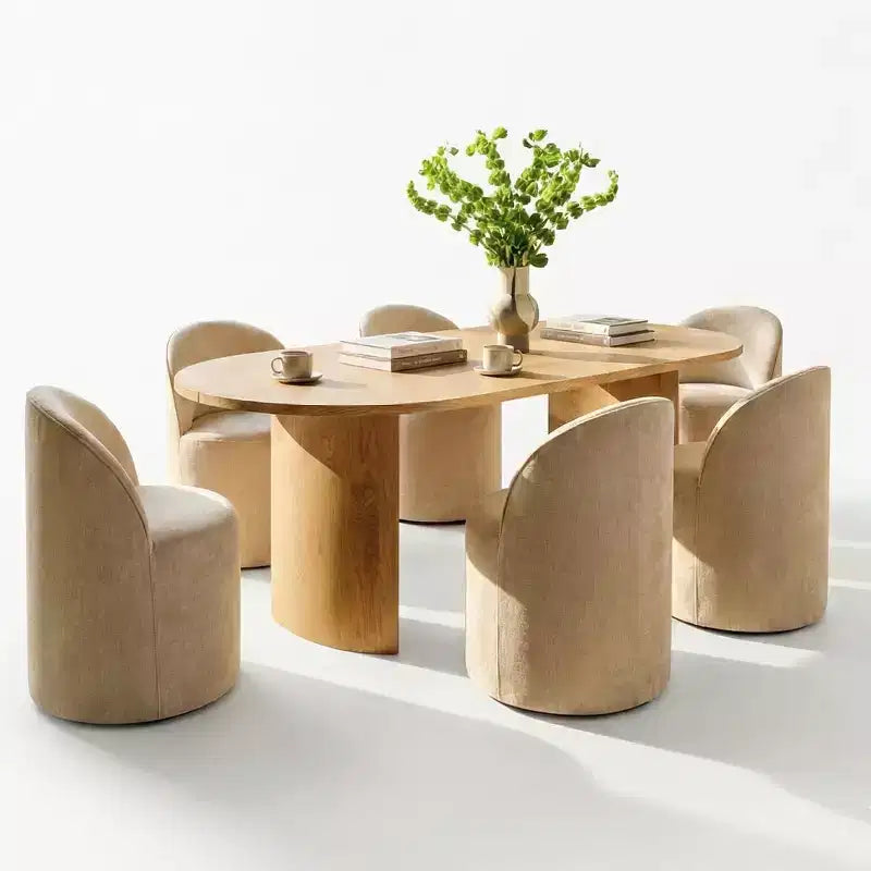 Set tavolo da pranzo per 6, tavolo ovale da 79" e sedie a botte senza braccioli in tessuto ciniglia con ruote, perfette per le cucine