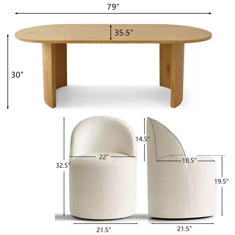 Set tavolo da pranzo per 6, tavolo ovale da 79" e sedie a botte senza braccioli in tessuto ciniglia con ruote, perfette per le cucine