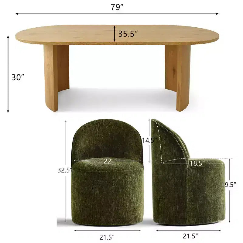 Set tavolo da pranzo per 6, tavolo ovale da 79" e sedie a botte senza braccioli in tessuto ciniglia con ruote, perfette per le cucine