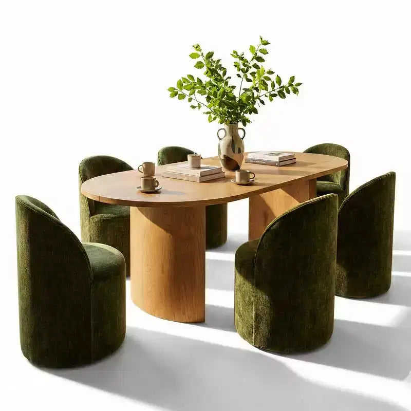Set tavolo da pranzo per 6, tavolo ovale da 79" e sedie a botte senza braccioli in tessuto ciniglia con ruote, perfette per le cucine