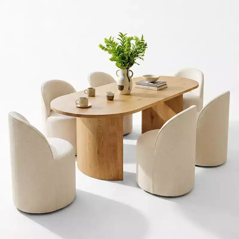 Set tavolo da pranzo per 6, tavolo ovale da 79" e sedie a botte senza braccioli in tessuto ciniglia con ruote, perfette per le cucine