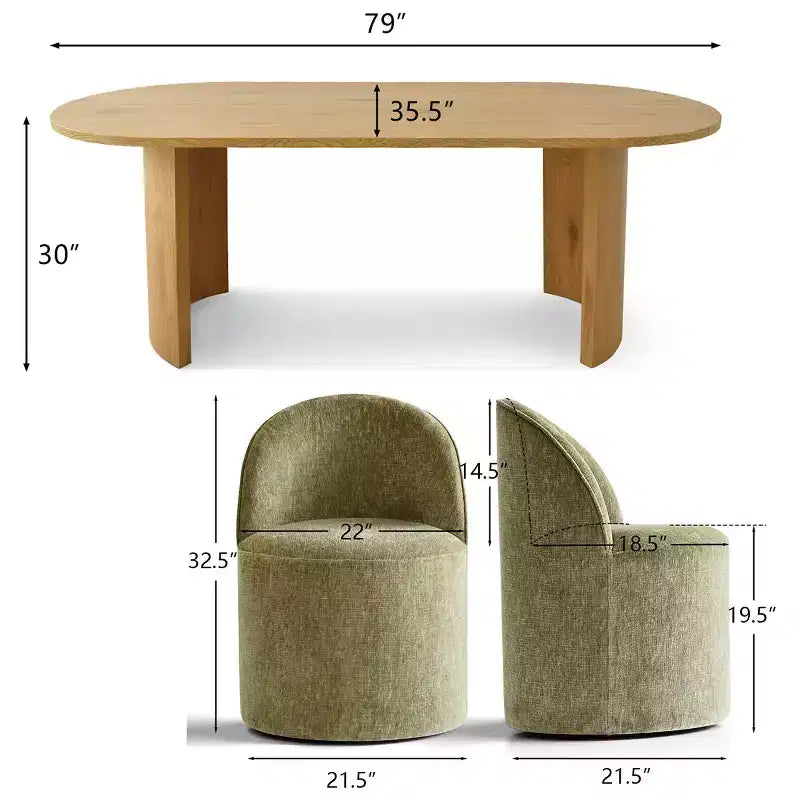 Set tavolo da pranzo per 6, tavolo ovale da 79" e sedie a botte senza braccioli in tessuto ciniglia con ruote, perfette per le cucine