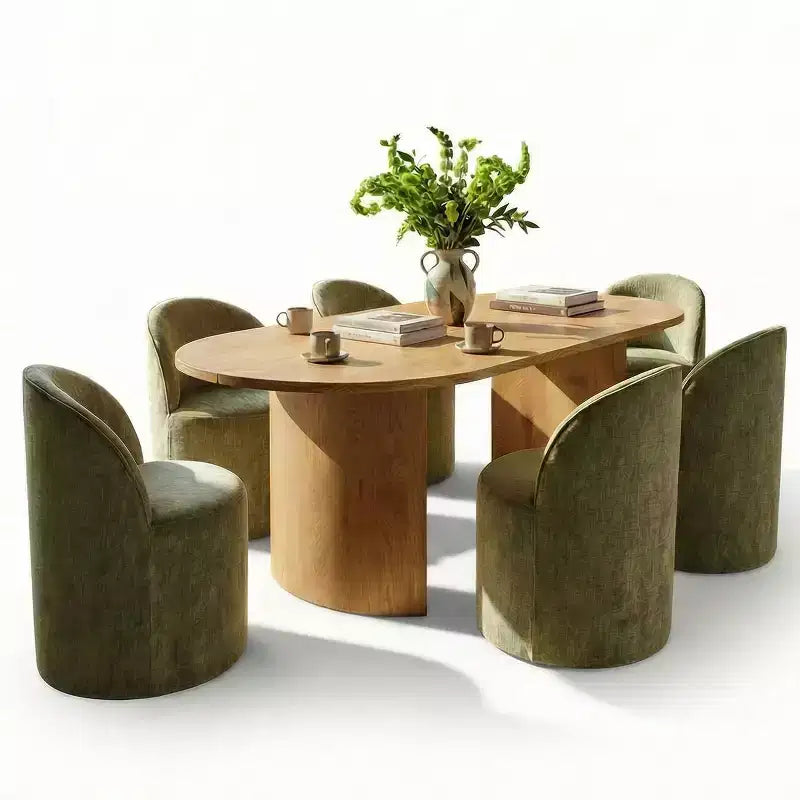 Set tavolo da pranzo per 6, tavolo ovale da 79" e sedie a botte senza braccioli in tessuto ciniglia con ruote, perfette per le cucine