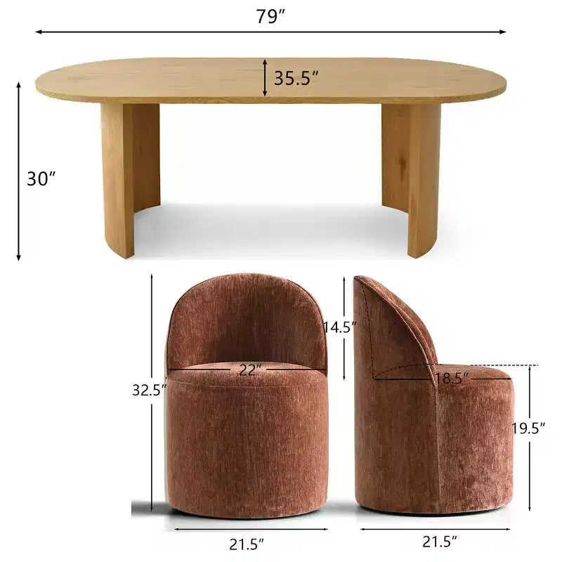 Set tavolo da pranzo per 6, tavolo ovale da 79" e sedie a botte senza braccioli in tessuto ciniglia con ruote, perfette per le cucine