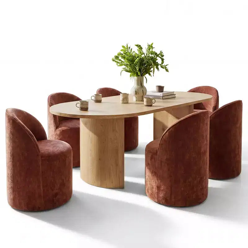 Set tavolo da pranzo per 6, tavolo ovale da 79" e sedie a botte senza braccioli in tessuto ciniglia con ruote, perfette per le cucine