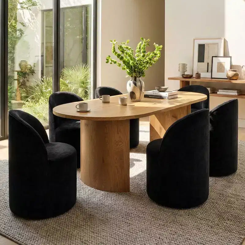 Set tavolo da pranzo per 6, tavolo ovale da 79" e sedie a botte senza braccioli in tessuto ciniglia con ruote, perfette per le cucine