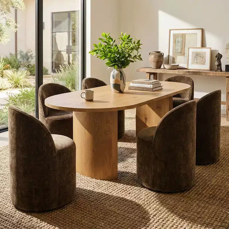 Set tavolo da pranzo per 6, tavolo ovale da 79" e sedie a botte senza braccioli in tessuto ciniglia con ruote, perfette per le cucine