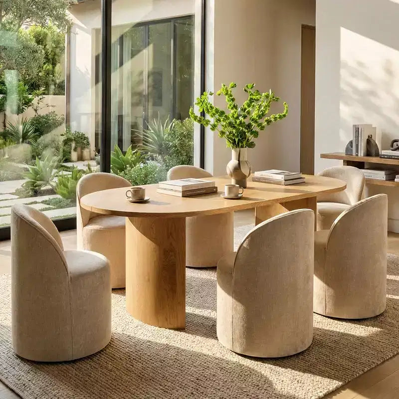 Set tavolo da pranzo per 6, tavolo ovale da 79" e sedie a botte senza braccioli in tessuto ciniglia con ruote, perfette per le cucine