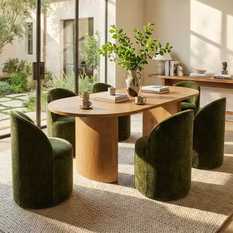 Set tavolo da pranzo per 6, tavolo ovale da 79" e sedie a botte senza braccioli in tessuto ciniglia con ruote, perfette per le cucine