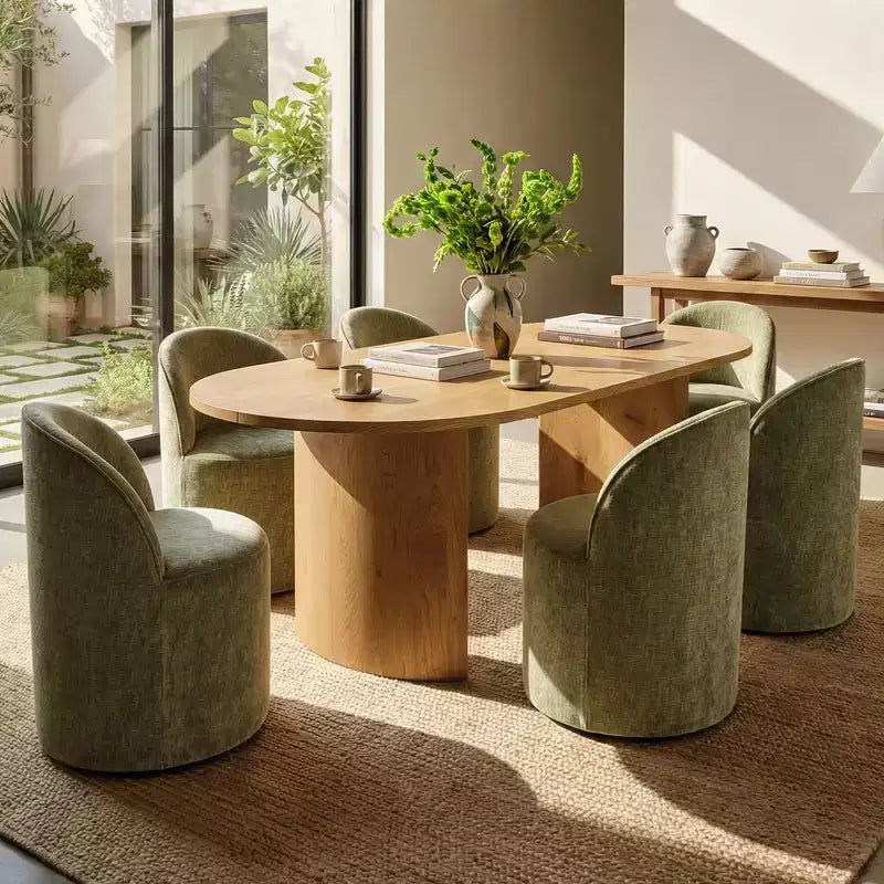 Set tavolo da pranzo per 6, tavolo ovale da 79" e sedie a botte senza braccioli in tessuto ciniglia con ruote, perfette per le cucine