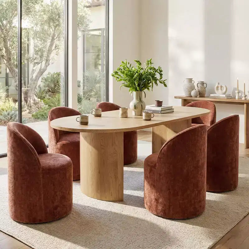Set tavolo da pranzo per 6, tavolo ovale da 79" e sedie a botte senza braccioli in tessuto ciniglia con ruote, perfette per le cucine