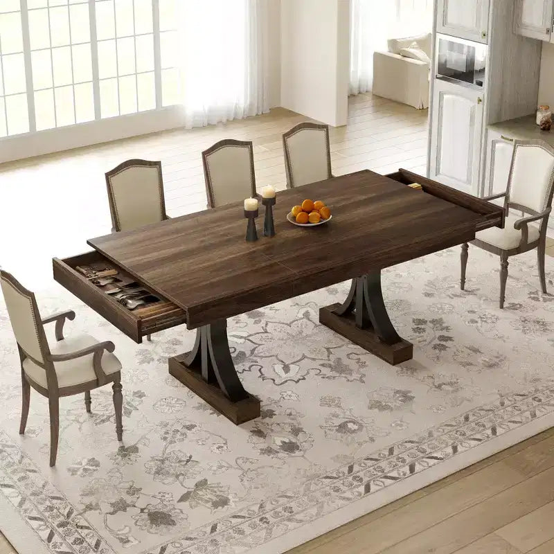 Tavolo da pranzo per 6-8 persone con 2 cassetti, tavolo da cucina in legno con doppio piedistallo e piano grande, tavolo da pranzo rettangolare grande da 2,4 m con struttura robusta