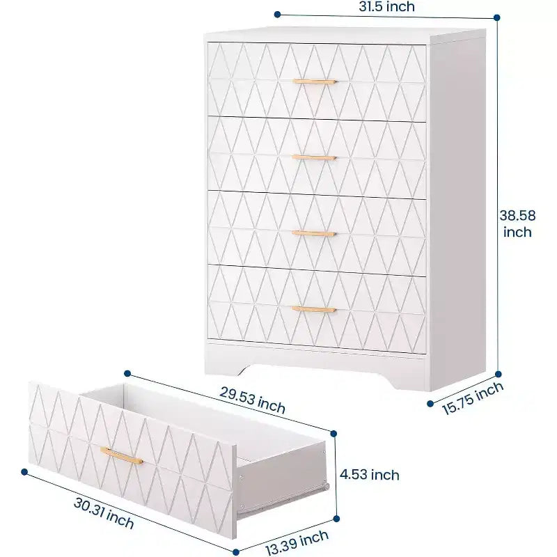 Comò in Legno a 4 Cassetti per Camera da Letto, Cassettiera in Legno con Maniglie Dorate, Comodino Moderno per Camera da Letto, Armadietto Contenitore in Legno