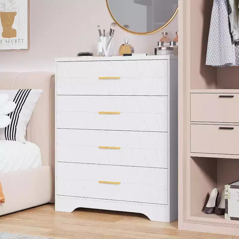 Comò in Legno a 4 Cassetti per Camera da Letto, Cassettiera in Legno con Maniglie Dorate, Comodino Moderno per Camera da Letto, Armadietto Contenitore in Legno