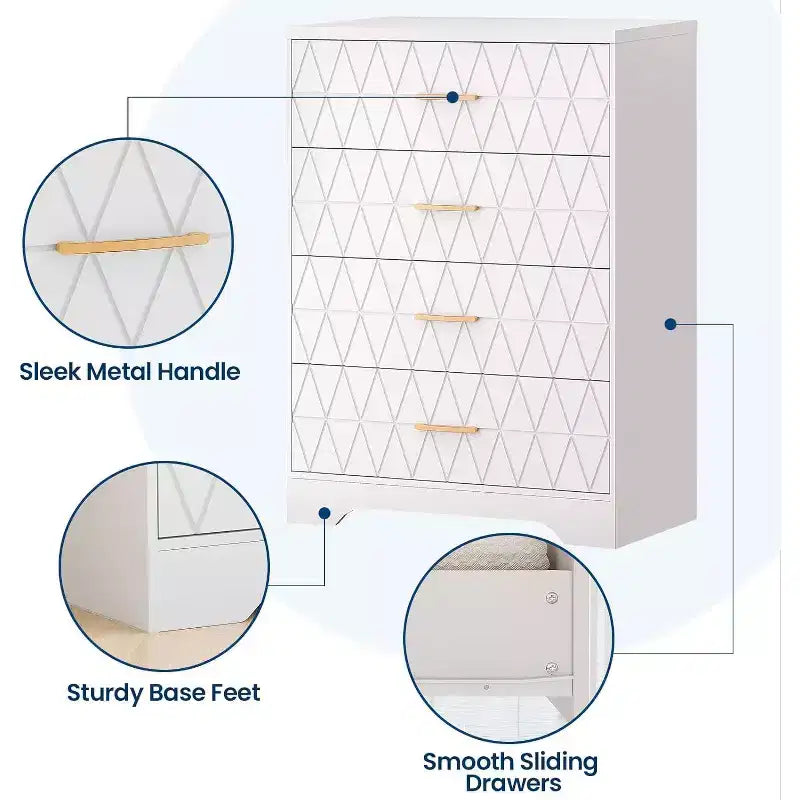 Comò in Legno a 4 Cassetti per Camera da Letto, Cassettiera in Legno con Maniglie Dorate, Comodino Moderno per Camera da Letto, Armadietto Contenitore in Legno
