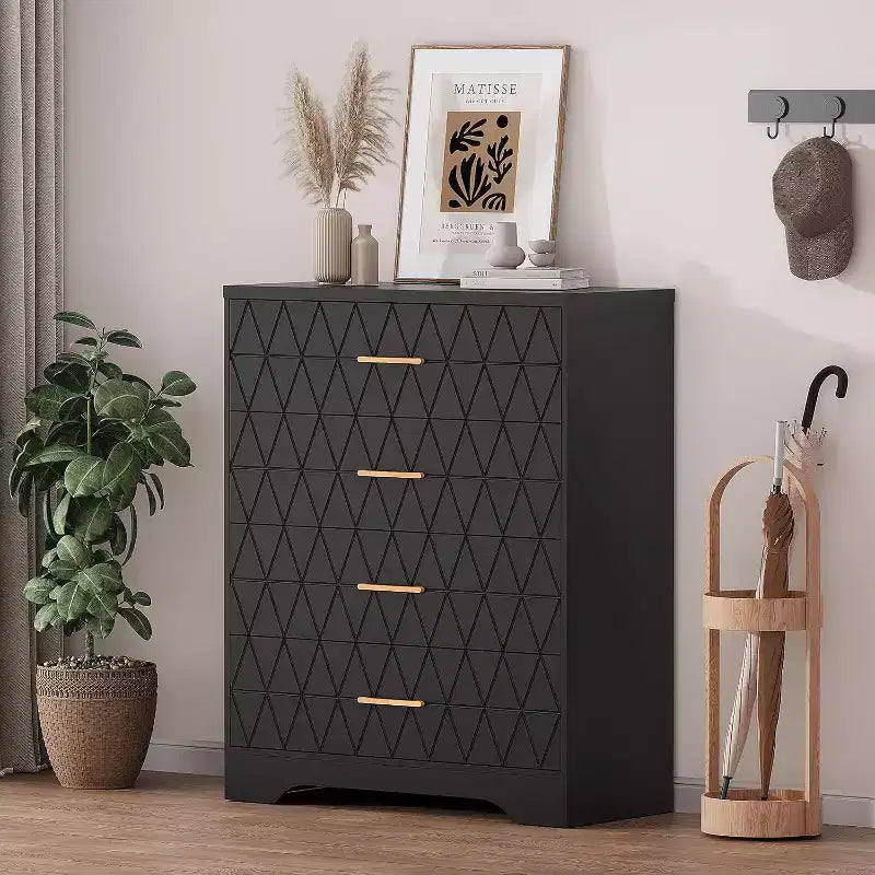 Comò in Legno a 4 Cassetti per Camera da Letto, Cassettiera in Legno con Maniglie Dorate, Comodino Moderno per Camera da Letto, Armadietto Contenitore in Legno