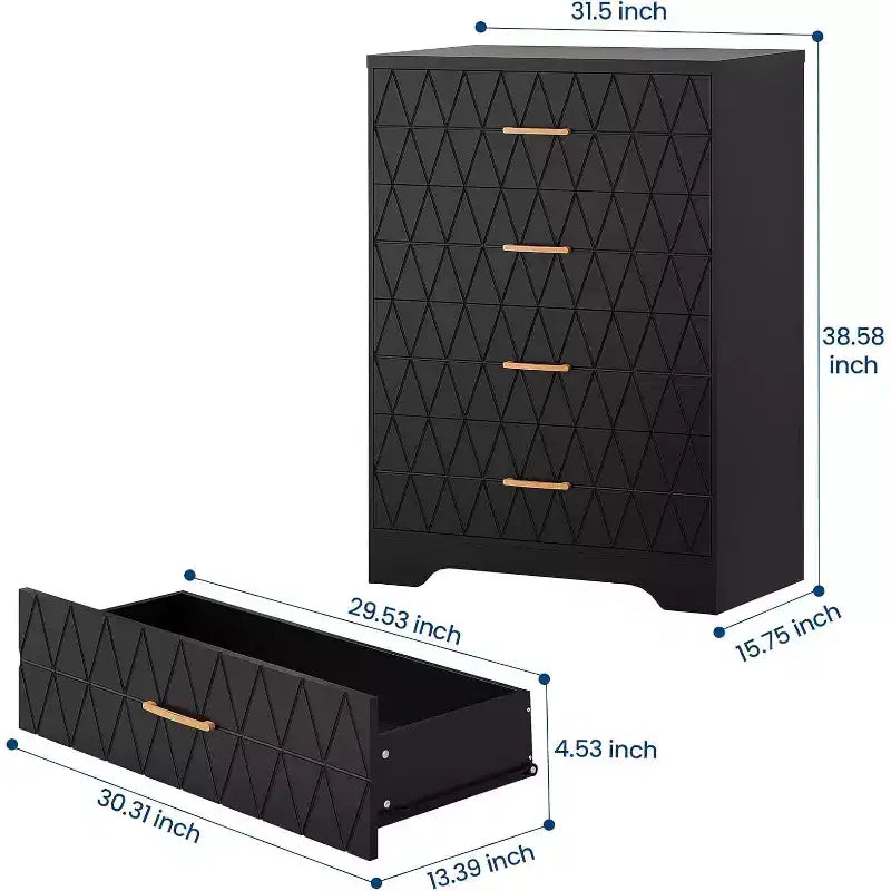 Comò in Legno a 4 Cassetti per Camera da Letto, Cassettiera in Legno con Maniglie Dorate, Comodino Moderno per Camera da Letto, Armadietto Contenitore in Legno