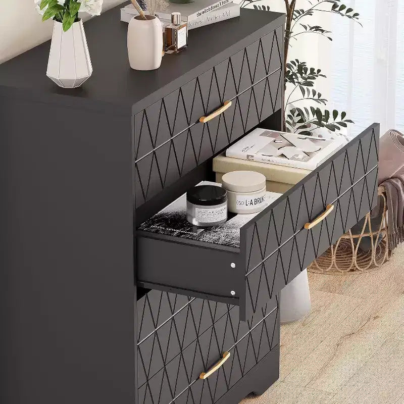 Comò in Legno a 4 Cassetti per Camera da Letto, Cassettiera in Legno con Maniglie Dorate, Comodino Moderno per Camera da Letto, Armadietto Contenitore in Legno