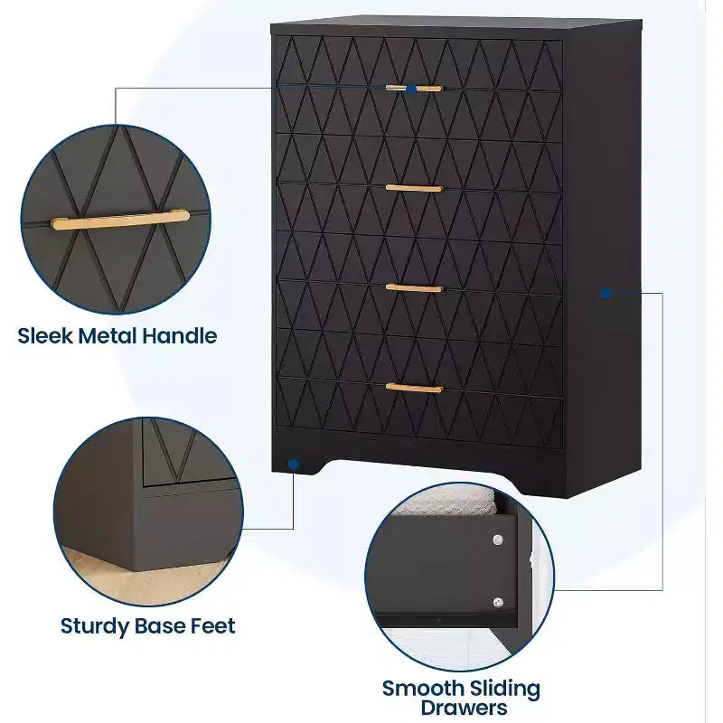 Comò in Legno a 4 Cassetti per Camera da Letto, Cassettiera in Legno con Maniglie Dorate, Comodino Moderno per Camera da Letto, Armadietto Contenitore in Legno
