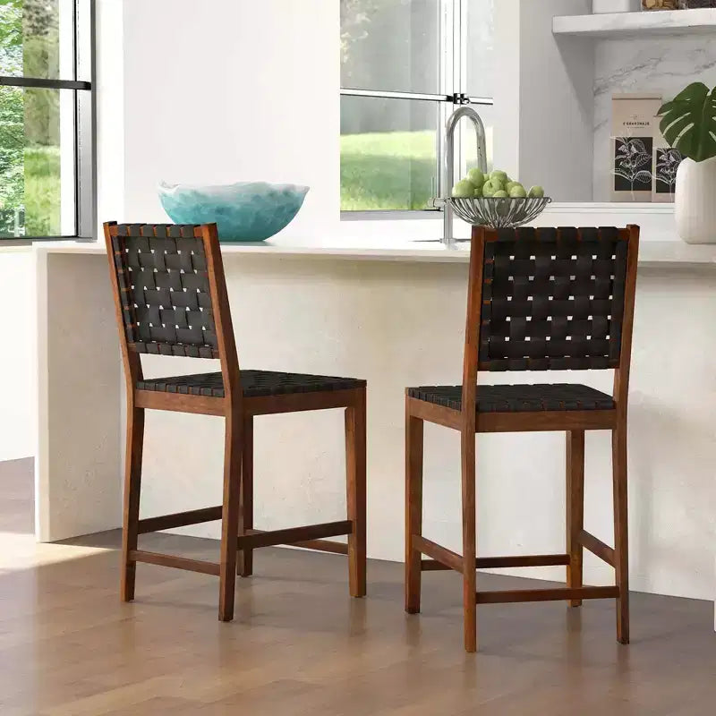 Set di 2 sgabelli da bar intrecciati, sedie da pranzo altezza bancone in ecopelle PU, cucina