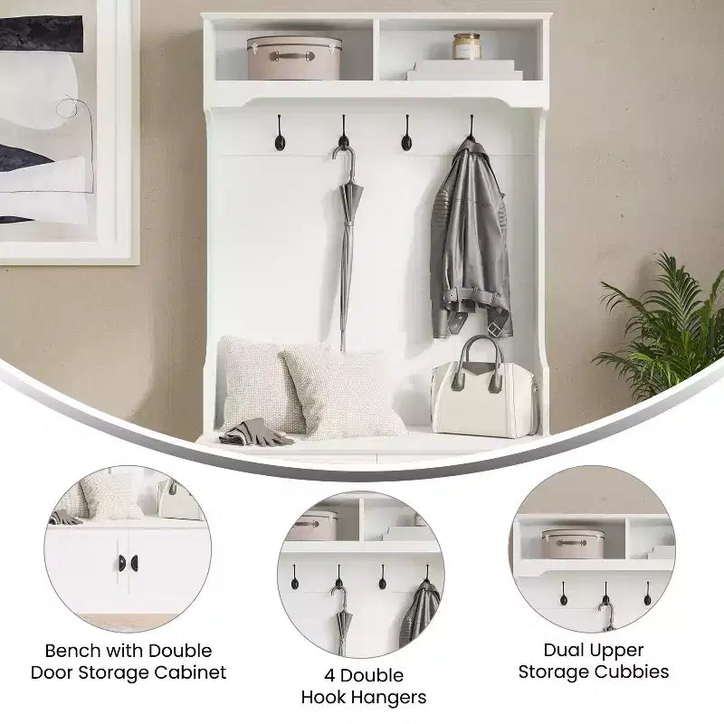 Merrick Lane Appendiabiti da ingresso con panca, 4 ganci doppi, ripiano superiore e vano contenitore sotto la panca con ante doppie