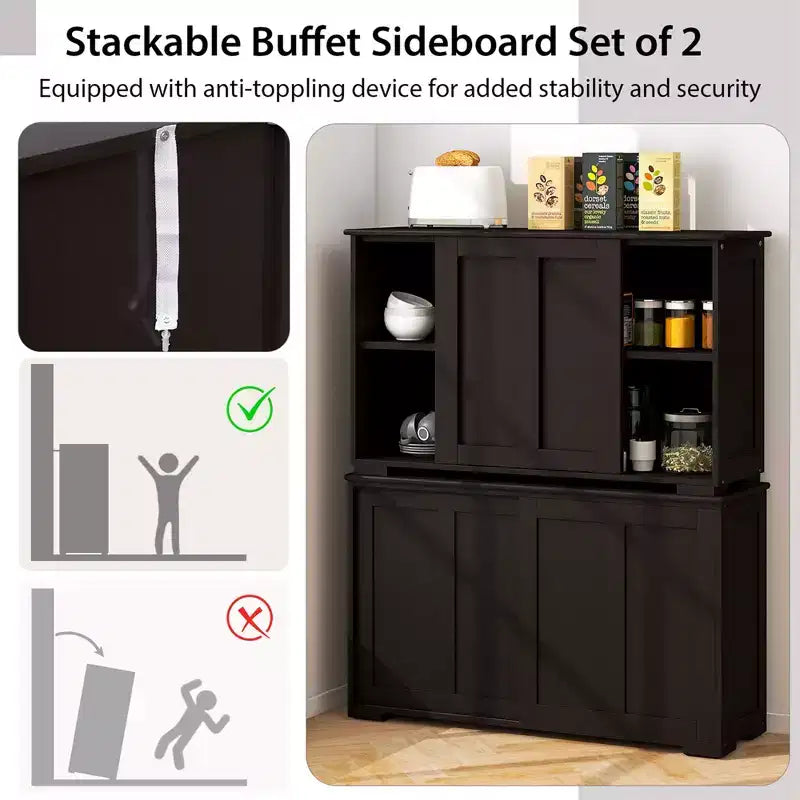 Credenza impilabile per buffet set da 2 con ante scorrevoli e ripiano regolabile Marrone/Nero/Grigio/Bianco Antico