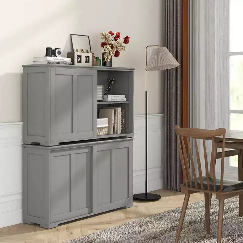 Credenza impilabile per buffet set da 2 con ante scorrevoli e ripiano regolabile Marrone/Nero/Grigio/Bianco Antico
