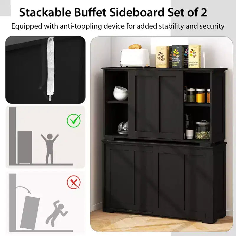 Credenza impilabile per buffet set da 2 con ante scorrevoli e ripiano regolabile Marrone/Nero/Grigio/Bianco Antico