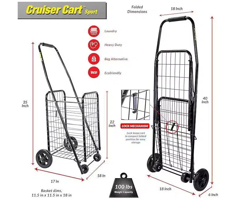 Carrello da crociera leggero pieghevole per sport, spesa, bucato, cestino con ruote