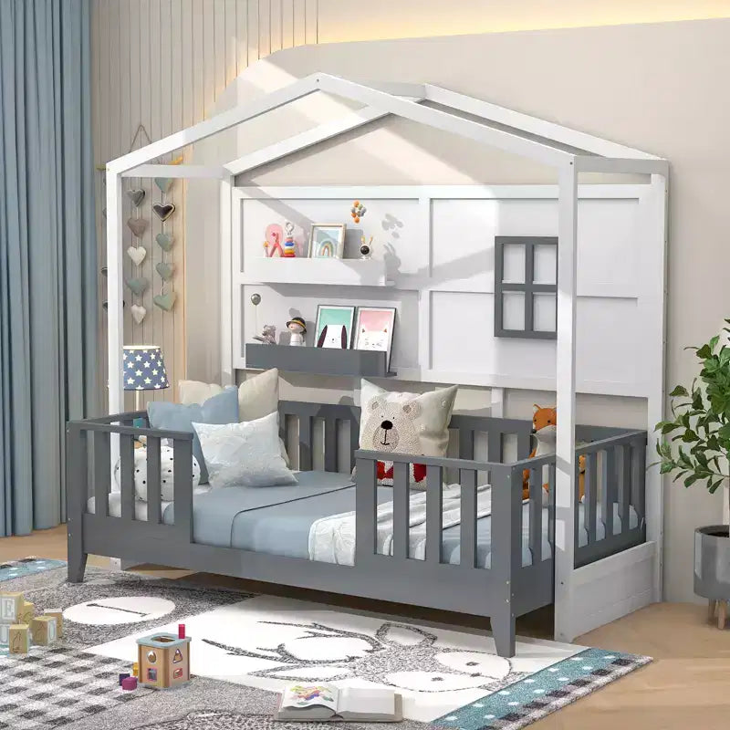Letto a capanna per bambini singolo con recinzione, finestra, doghe in legno e 2 ripiani portaoggetti