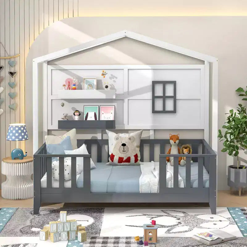 Letto a capanna per bambini singolo con recinzione, finestra, doghe in legno e 2 ripiani portaoggetti